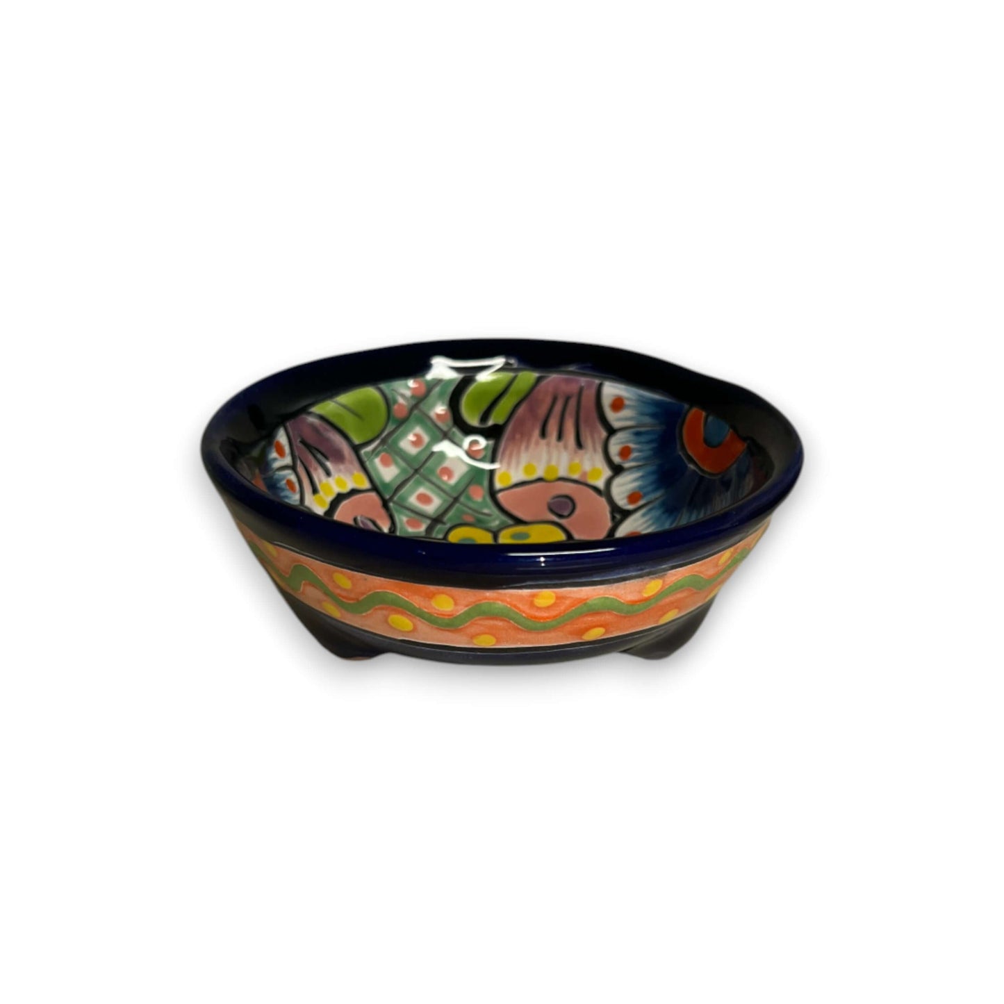 Small Talavera Salsa Bowl | Handmade Mexican Sauce Dish - hand-painted three-legged Talavera salsa bowl with cobalt rim and floral pattern