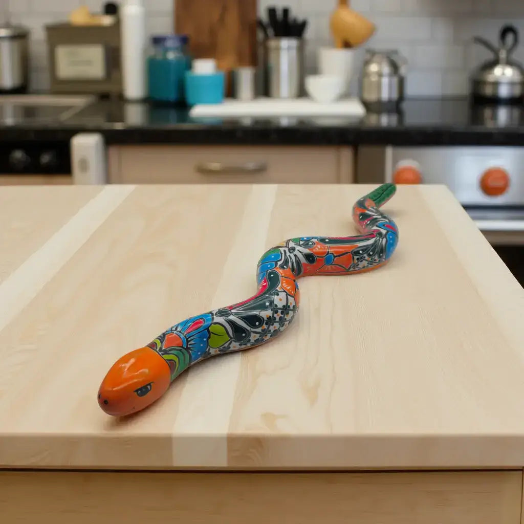Handmade Talavera Snake Statue | Hand-Painted Mexican Decor - 2ft hand-painted Talavera ceramic snake on kitchen counter