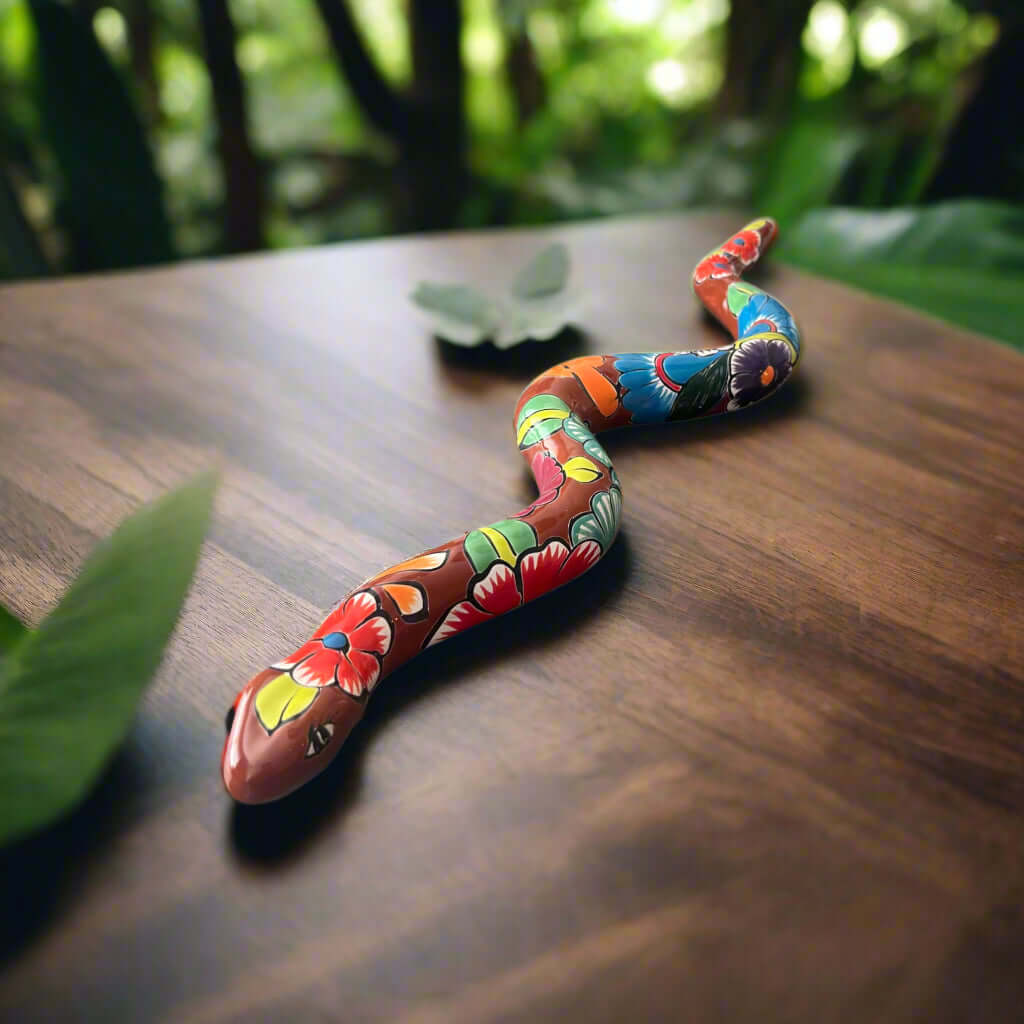Handmade Talavera Snake Statue | Hand-Painted Mexican Decor – 2-foot hand-painted Talavera ceramic snake with vibrant floral patterns
