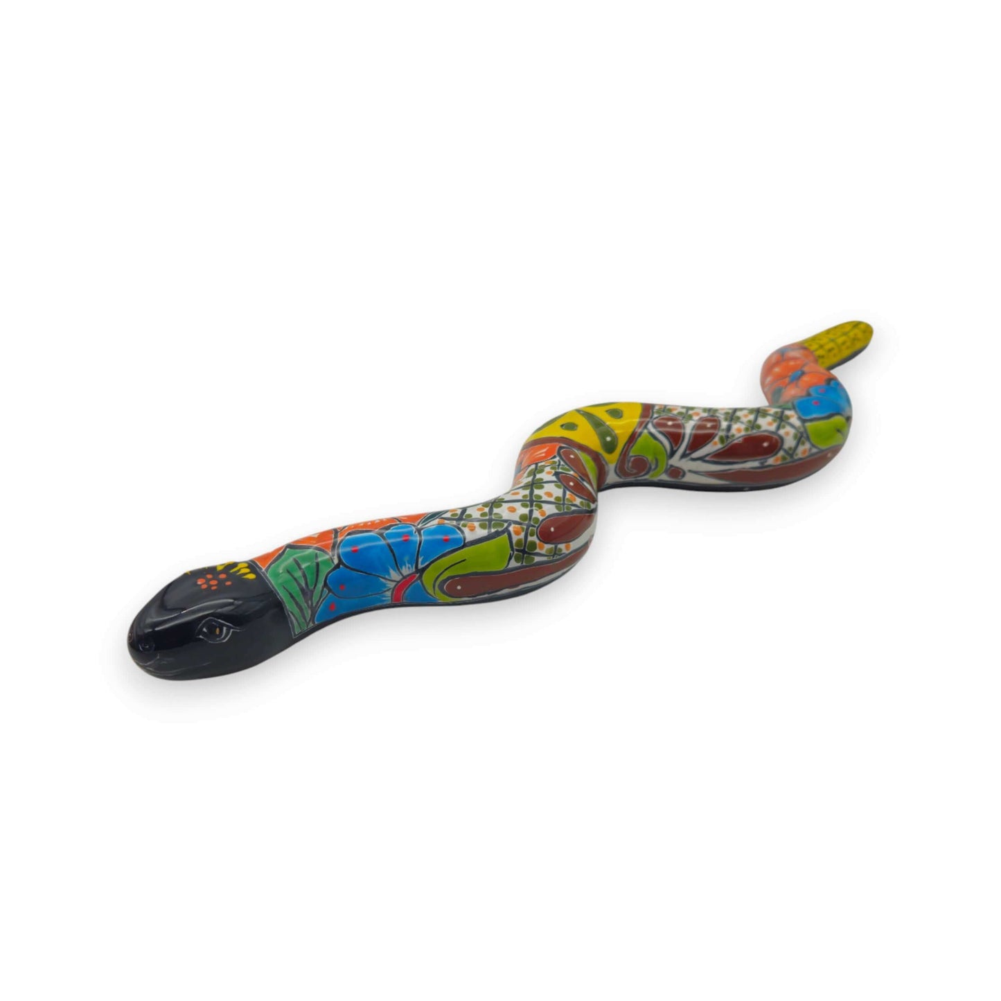 Handmade Talavera Snake Statue | Hand-Painted Mexican Decor - 2-foot colorful hand-painted ceramic snake from Guanajuato, kiln-fired with lead-free glaze