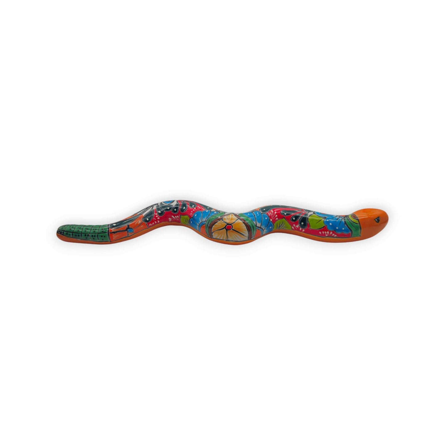 Handmade Talavera Snake Statue | Hand-Painted Mexican Decor: 2-foot hand-painted Talavera ceramic snake with vivid traditional Mexican folk motifs