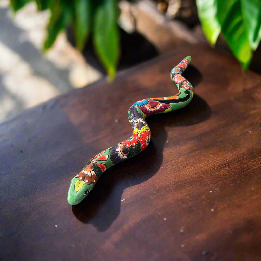 Handmade Talavera Snake Statue | Hand-Painted Mexican Decor - 2-foot hand-painted Talavera ceramic snake with vivid floral patterns