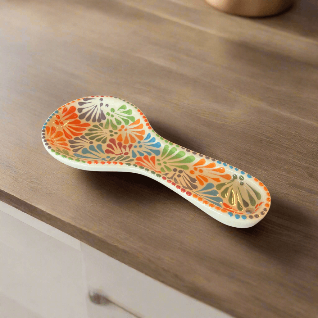 Talavera Spoon Rest | Handmade Mexican Puebla - hand-painted colorful Talavera spoon rest from Puebla, kiln-fired lead-free glaze, decorative kitchenware