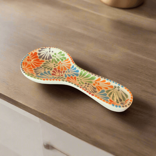 Talavera Spoon Rest | Handmade Mexican Puebla - hand-painted colorful Talavera spoon rest from Puebla, kiln-fired lead-free glaze, decorative kitchenware