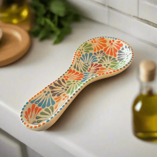 Talavera Spoon Rest | Handmade Mexican Puebla colorful hand-painted Talavera ceramic spoon rest from Puebla, lead-free glaze