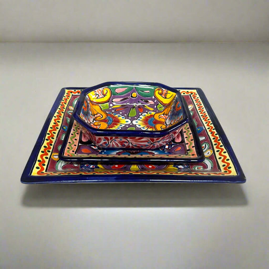 Talavera Square Dinnerware Set | 16-Piece Mexican Pottery Set - hand-painted vibrant square plates and bowls from Guanajuato, Mexico