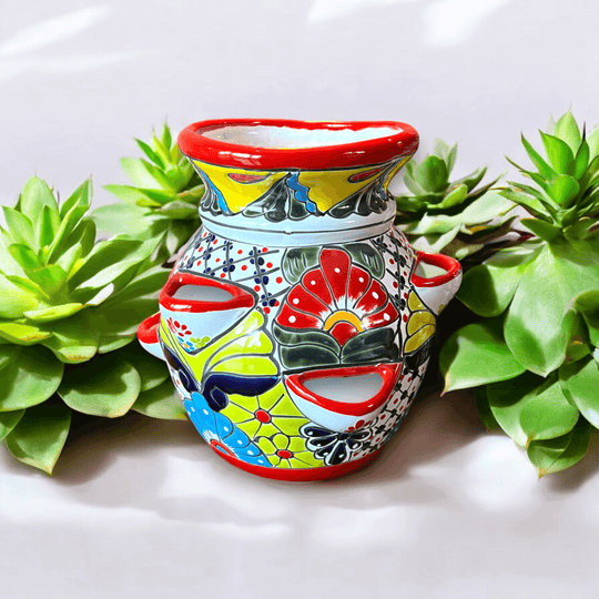 Handmade Talavera Strawberry Planter | Colorful Mexican Pottery hand-painted multicolor ceramic strawberry-shaped planter with succulents