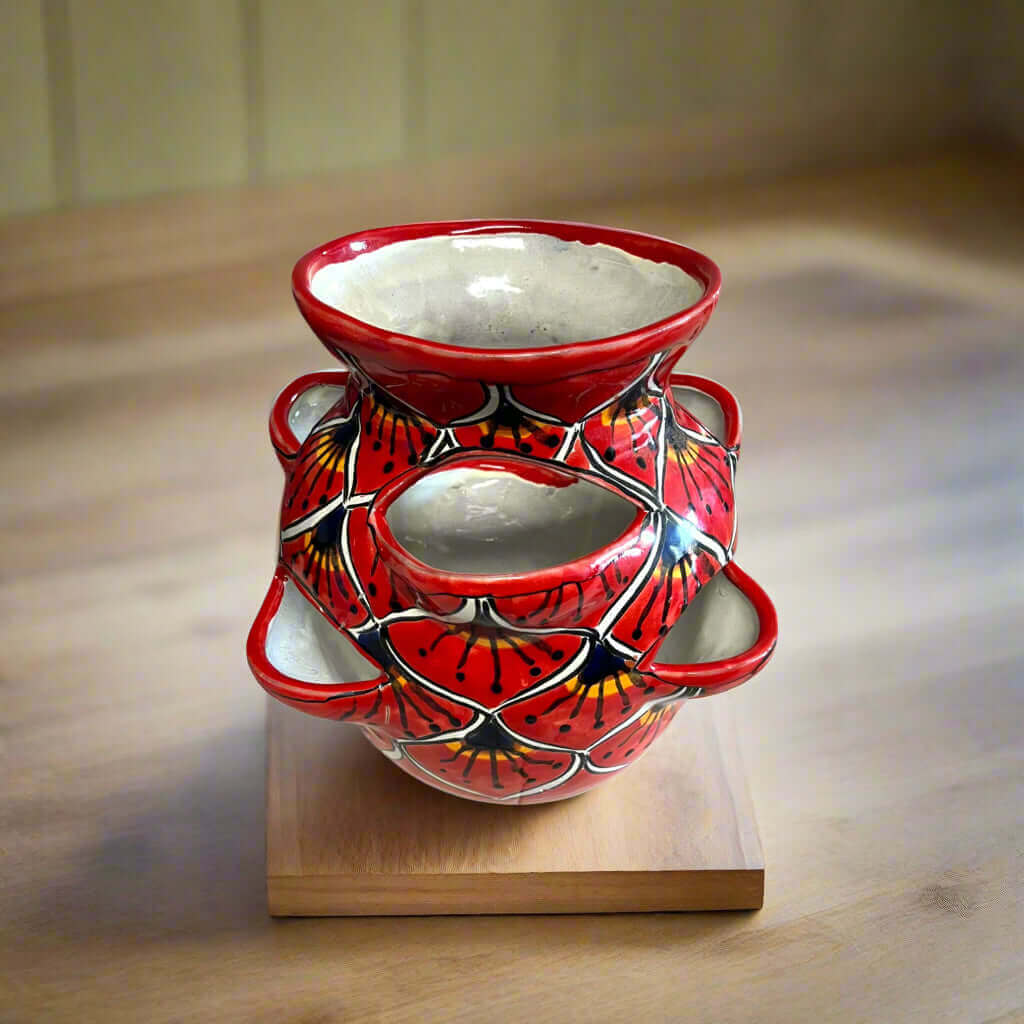 Talavera Strawberry Planter | Red Peacock Design handmade red peacock Talavera pot for strawberries, herbs, succulents, kiln-fired lead-free glaze