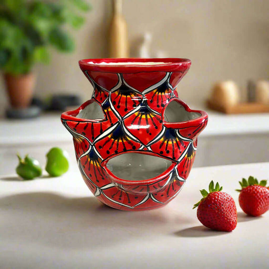 Talavera Strawberry Planter | Red Peacock Design hand-painted red peacock Talavera strawberry planter, kiln-fired, lead-free glaze, handcrafted in Guanajuato