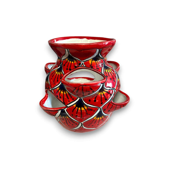 Talavera Strawberry Planter | Red Peacock Design handmade red peacock-patterned Mexican strawberry planter, kiln-fired lead-free glaze