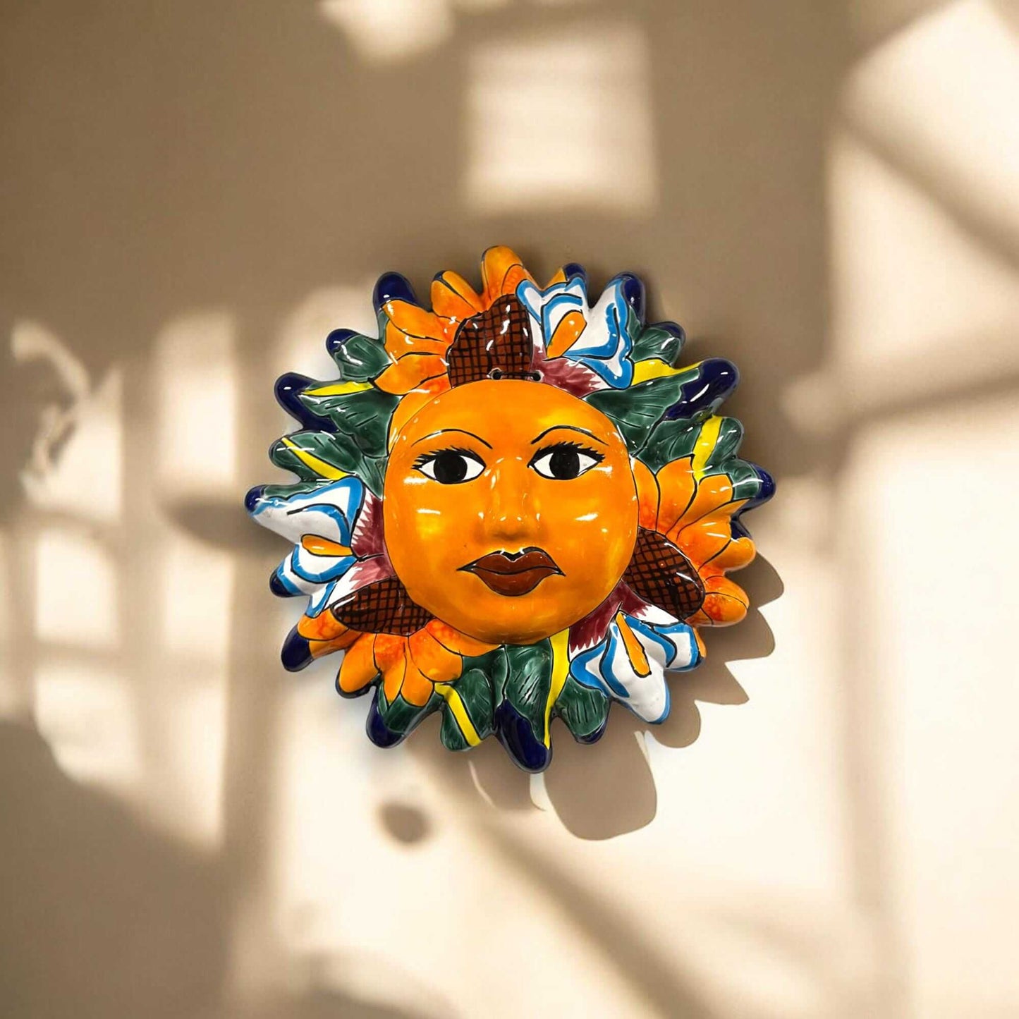 Handmade Talavera Sun Wall Art | Hand-Painted Mexican Sunflower Decor — hand-painted Talavera sun with sunflower petals, vibrant lead-free glaze from Guanajuato, Mexico