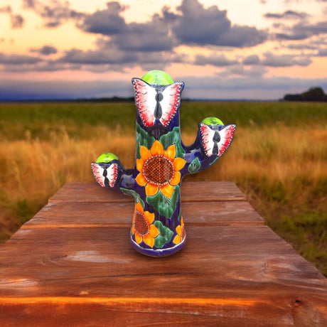 Colorful Handmade Talavera Cactus Statue | Sunflower Design (Large) hand-painted Talavera cactus statue with bright sunflower motif on wooden table