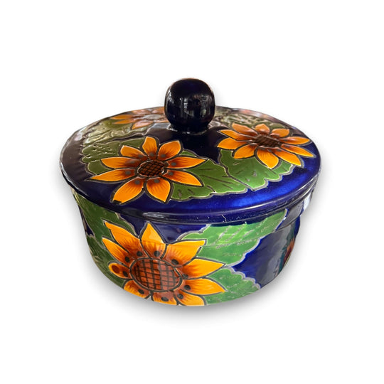 Talavera Tortilla Warmer | Handmade Sunflower Mexican Pottery — hand-painted cobalt blue sunflower design, kiln-fired lead-free glaze, artisan-made in Guanajuato