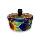 Talavera Tortilla Warmer | Handmade Sunflower Mexican Pottery - hand-painted cobalt blue sunflower design, kiln-fired lead-free glaze