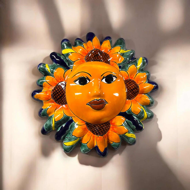 Handmade Talavera Sun Wall Art | Hand-Painted Mexican Sunflower Decor - bright hand-painted Talavera sunflower sun with glossy lead-free glaze