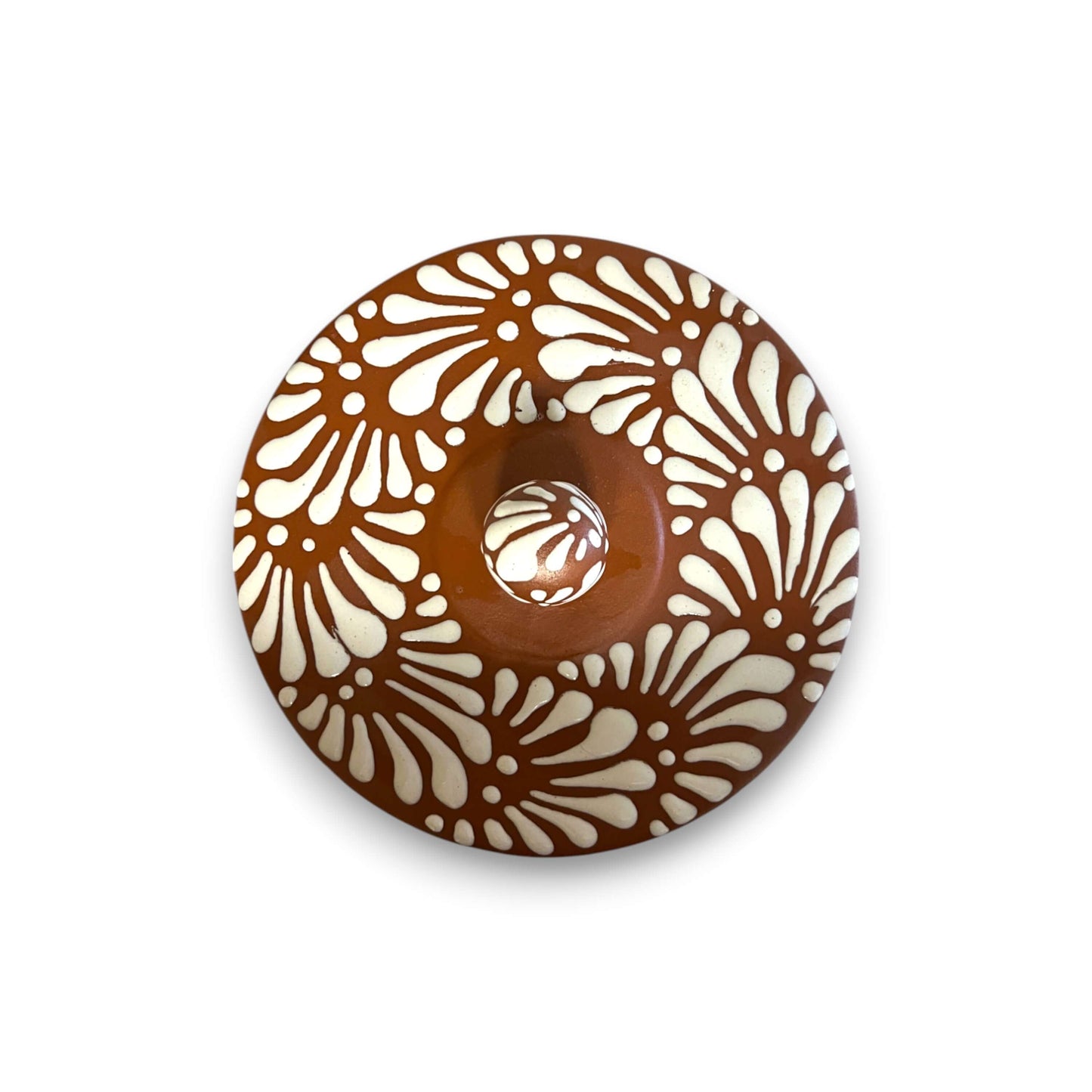 Talavera Tortilla Warmer | Handmade Terracotta Food Warmer - hand-painted matte terracotta with white floral Talavera pattern, kiln-fired lead-free glaze