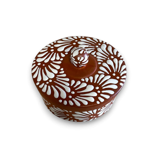 Talavera Tortilla Warmer | Handmade Terracotta Food Warmer — hand-painted terracotta tortilla warmer with white floral Talavera pattern