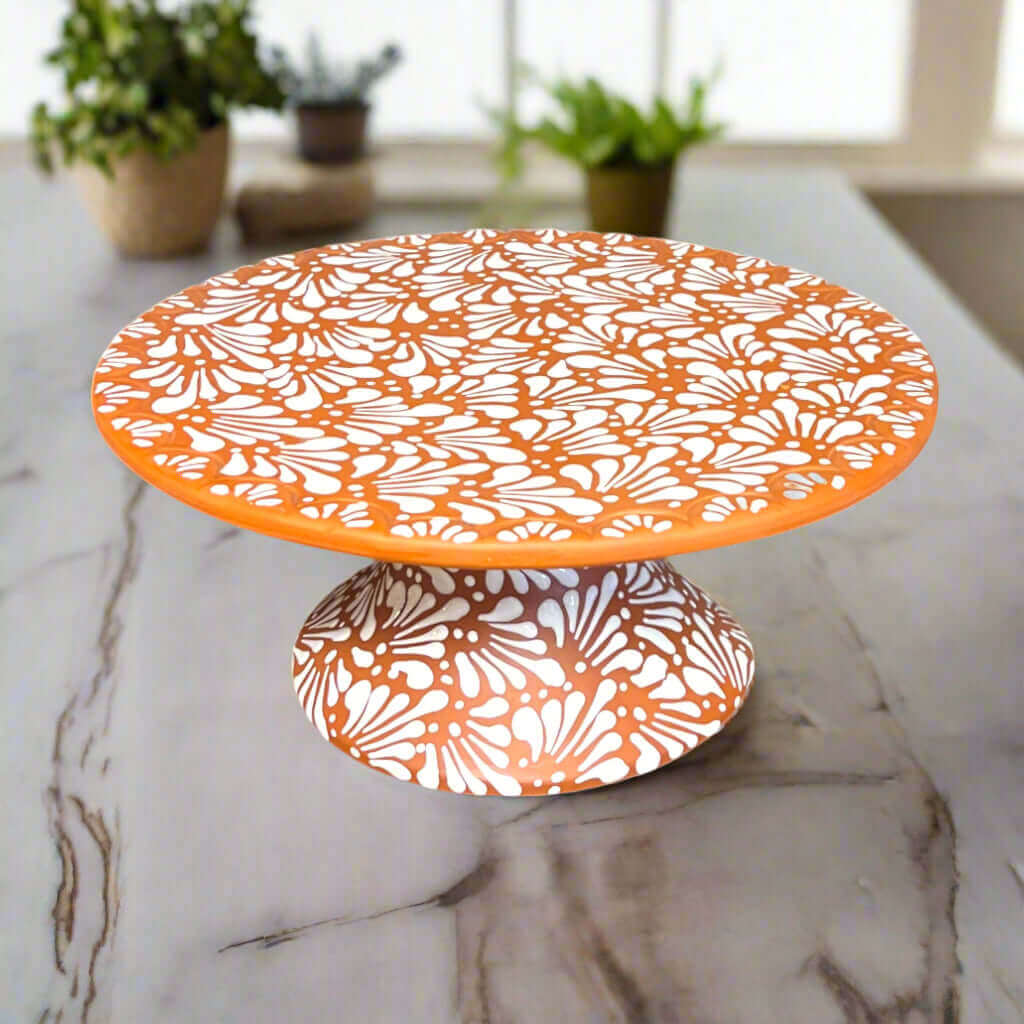 Talavera Cake Stand Set | Two-Piece Handmade Dessert Pedestal - hand-painted terracotta and white floral ceramic cake stand