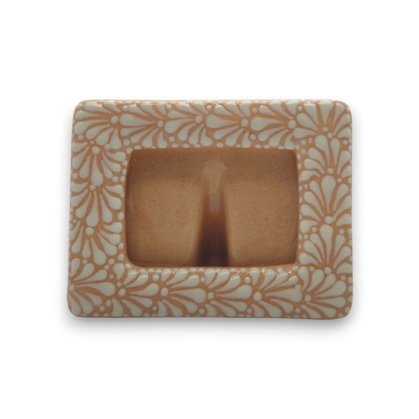 Handmade Talavera Photo Frame | Terracotta & White Design - hand-painted terracotta frame with white floral detailing from Guanajuato
