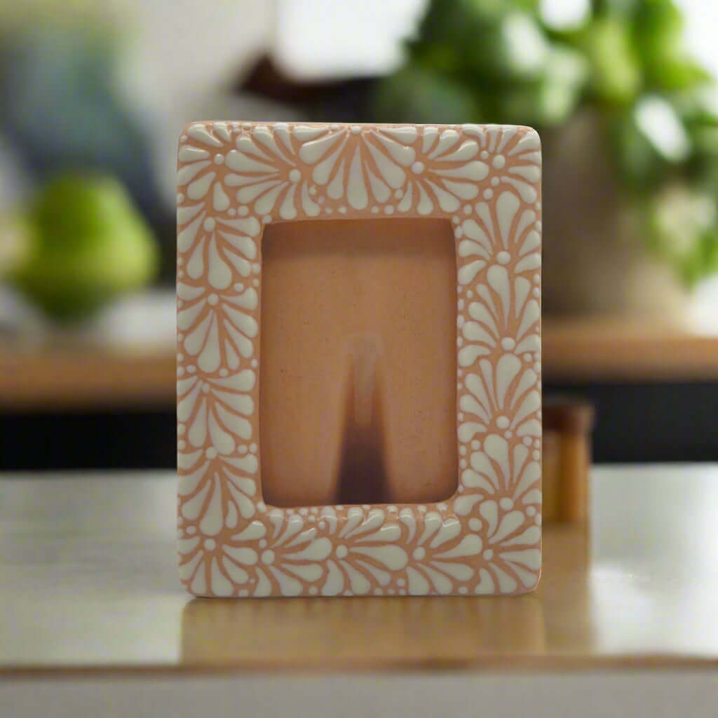 Handmade Talavera Photo Frame | Terracotta & White Design showcasing hand-painted terracotta frame with intricate white floral detailing