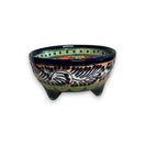 Talavera Salsa Bowl | Handmade Mexican Ceramic Sauce Dish - three-legged hand-painted Talavera sauce bowl with cobalt rim