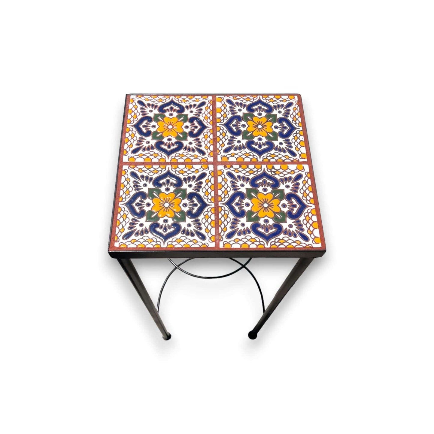 Custom Talavera Tile Accent Table | Handmade Mexican End Table with blue yellow hand-painted tiles on metal frame