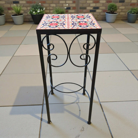 Custom Talavera Tile Accent Table | Handmade Mexican End Table - hand-painted Talavera tiles set in metal frame, bold traditional colors