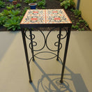 Custom Talavera Tile Accent Table | Handmade Mexican End Table with four hand-painted Talavera tiles in metal frame, bold traditional colors