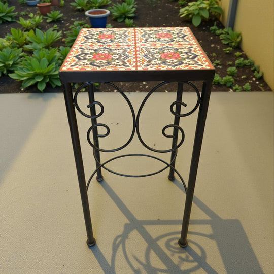 Custom Talavera Tile Accent Table | Handmade Mexican End Table with four hand-painted Talavera tiles in metal frame, bold traditional colors