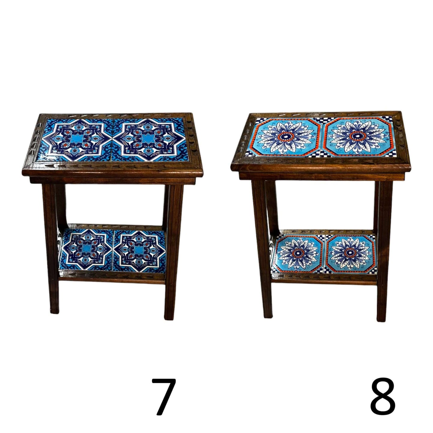 Talavera Tile End Table | Handmade Mexican Wood Accent Furniture showing two hand-painted kiln-fired tile tops and lower shelves with wooden frames