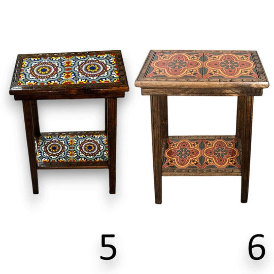 Talavera Tile End Table | Handmade Mexican Wood Accent Furniture - two styles with hand-painted Talavera tiles and wooden frames