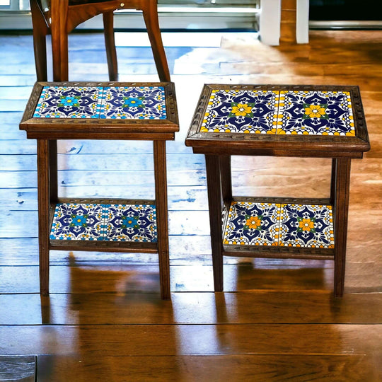 Talavera Tile End Table | Handmade Mexican Wood Accent Furniture showcasing two wooden end tables with colorful hand-painted Talavera tiles on top and lower shelf