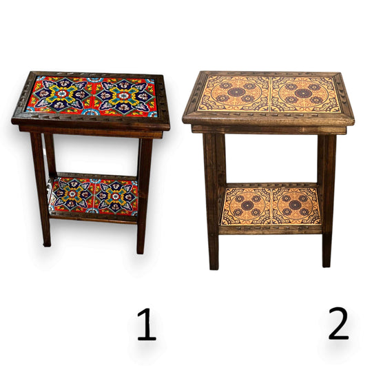 Talavera Tile End Table | Handmade Mexican Wood Accent Furniture - two styles with hand-painted Talavera tile top and lower shelf on wooden frame