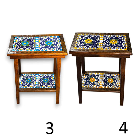 Talavera Tile End Table | Handmade Mexican Wood Accent Furniture - handcrafted wooden frame with colorful hand-painted Talavera tiles and lower shelf
