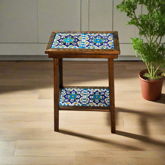 Talavera Tile End Table | Handmade Mexican Wood Accent Furniture - hand-painted Talavera tiles on wooden end table with lower shelf
