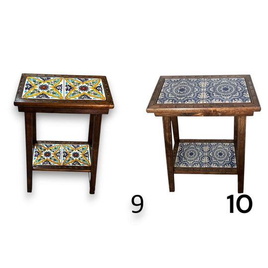 Talavera Tile End Table | Handmade Mexican Wood Accent Furniture - two handcrafted wooden end tables with colorful Talavera tile tops and lower shelves