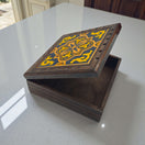 Handcrafted Talavera Tile Keepsake Box | Mexican Wooden Jewelry Box with yellow and blue hand-painted tile and dark-stained wood frame