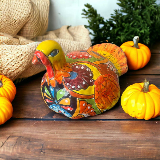 Handmade Small Talavera Turkey Statue | Vibrant Mexican Cultural Art - hand-painted colorful Talavera ceramic turkey on wooden table