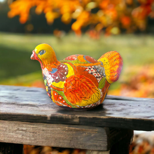 Handmade Small Talavera Turkey Statue | Vibrant Mexican Cultural Art - hand-painted talavera turkey figurine from Guanajuato, bright orange and yellow