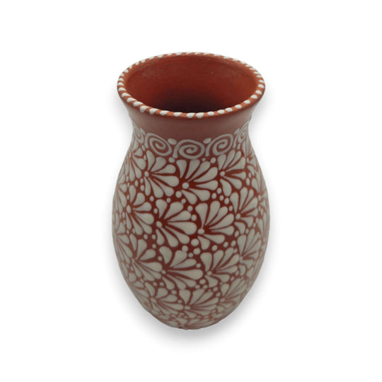 Handcrafted Talavera Vase | Brown & White Relief Pottery — hand-painted floral relief, swirling rim, handmade in Guanajuato
