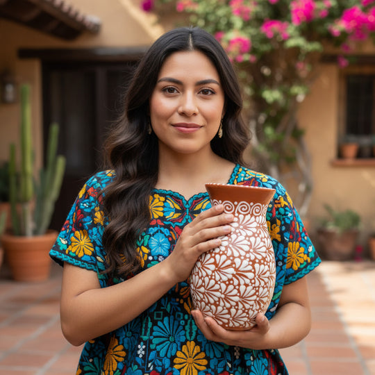 Handmade Talavera Vase | Brown & White Relief Pottery held by a woman