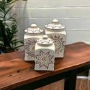 Mexican Handmade Talavera Canister Set | Puebla Mexican Pottery - hand-painted white ceramic canister trio with floral Talavera design
