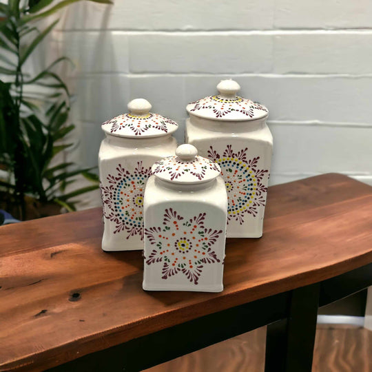 Mexican Handmade Talavera Canister Set | Puebla Mexican Pottery - hand-painted white ceramic canister trio with floral Talavera design