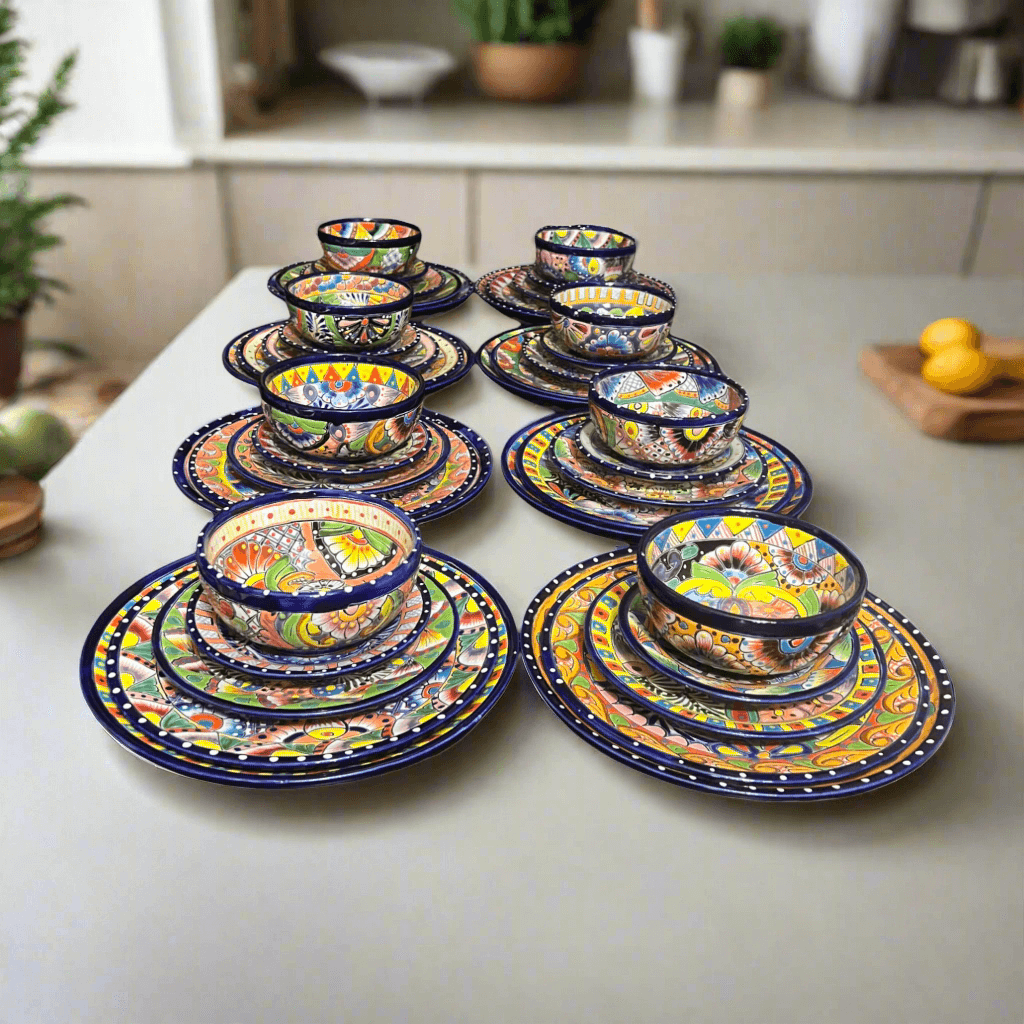 40-Piece Talavera Dinnerware Set | Colorful Tableware for 8 featuring handmade hand-painted Mexican Talavera plates and bowls in vibrant patterns