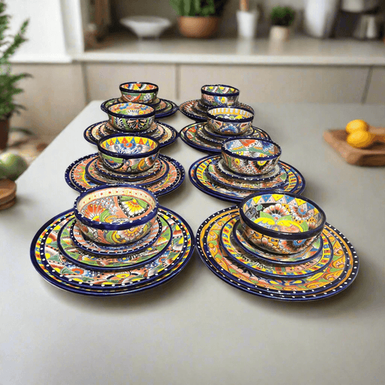 40-Piece Talavera Dinnerware Set | Colorful Tableware for 8 featuring handmade hand-painted Mexican Talavera plates and bowls in vibrant patterns