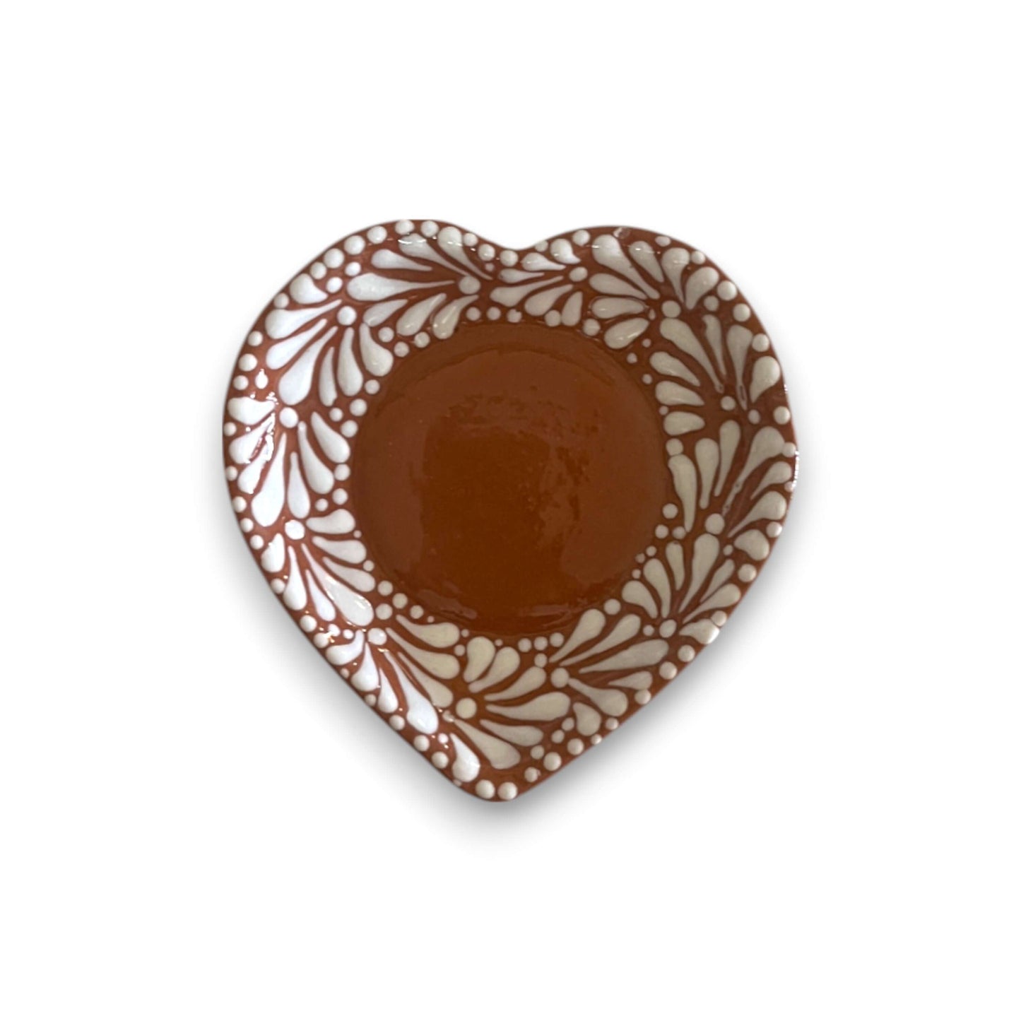 Heart Mug & Pitcher Set | Handmade Mexican Pottery (9-Pieces) - heart-shaped hand-painted terracotta saucer with white floral Talavera pattern