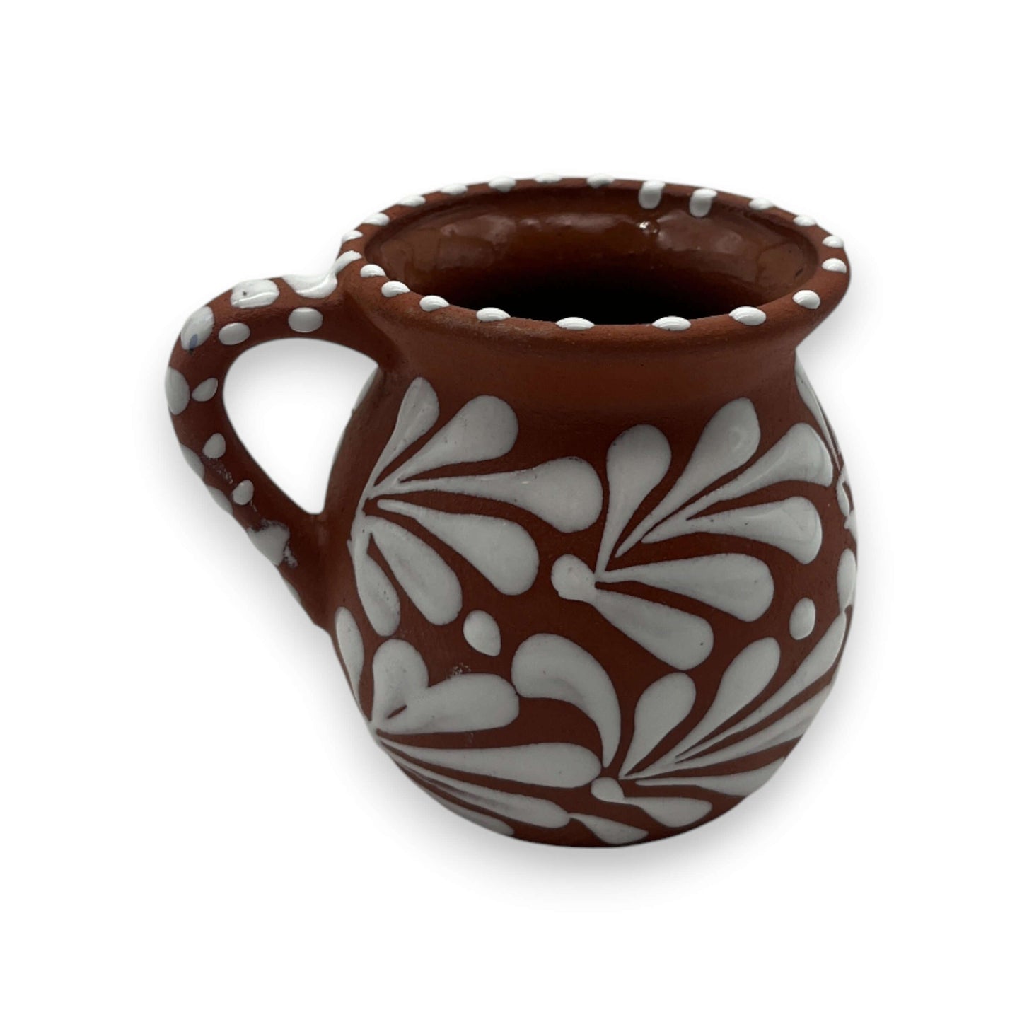 Terracotta Jarrito Mug | Handmade Mexican Relief Pottery Cup - handcrafted terracotta mug with white raised floral relief and dotted rim, lead-free glaze