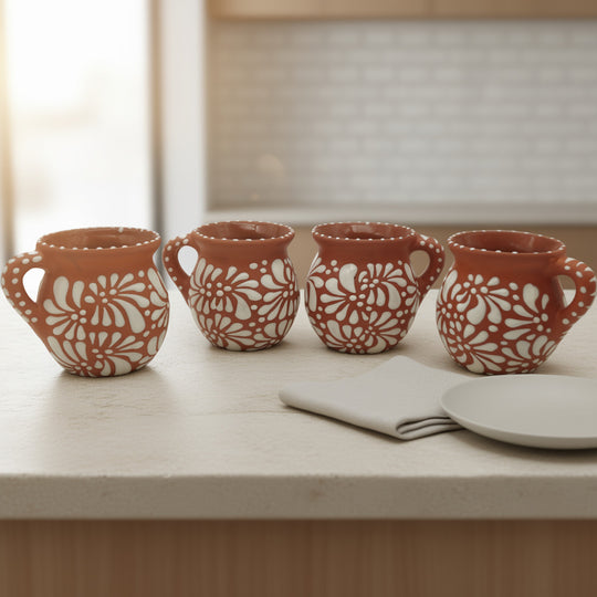 Terracotta Jarrito Mug | Handmade Mexican Relief Pottery Cup on kitchen table