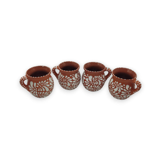 Terracotta Jarrito Mug | Handmade Mexican Relief Pottery Cup set of four.