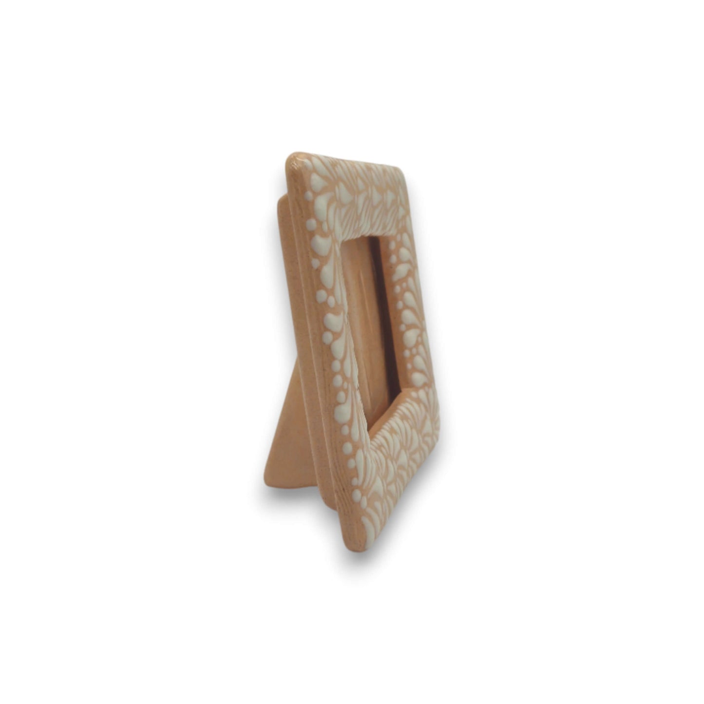 Handmade Talavera Photo Frame | Terracotta & White Design showing hand-painted terracotta frame with white floral detailing and easel back